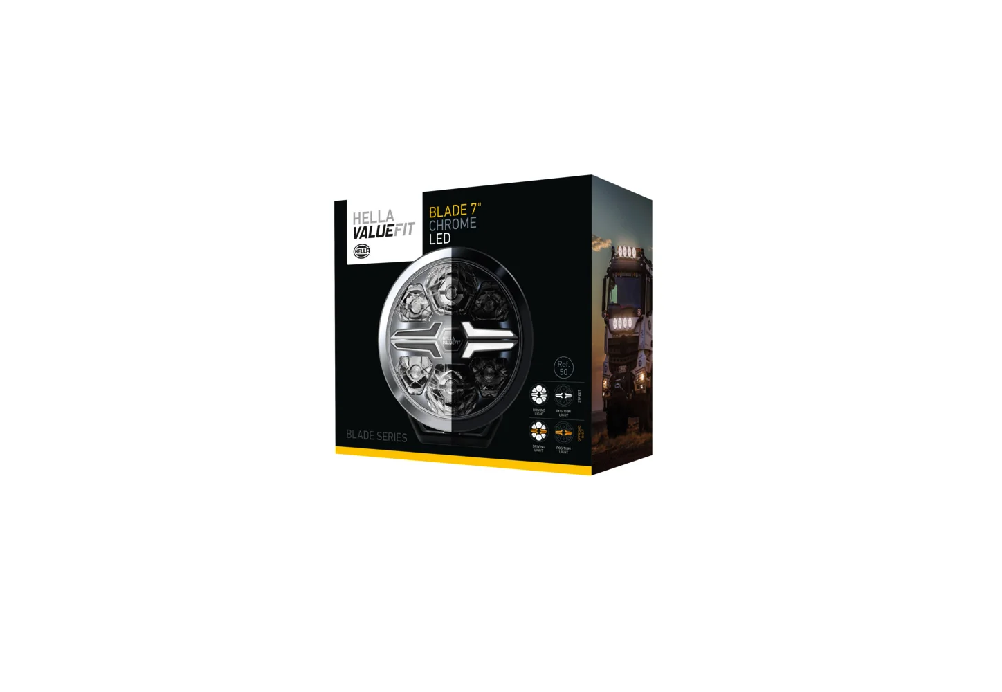 HELLA - 1FJ 357 198-031 - LED-High Beam Headlight, Blade Chrom 7", 12/24V, white/yellow (amber), 1800l