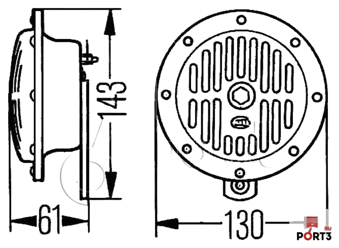 HELLA - 3CA 004 811-031 - Signal Horn, HELLA HEAVY DUTY HORN DL50, 24V, 114dB(A), High Tone/Low Tone -