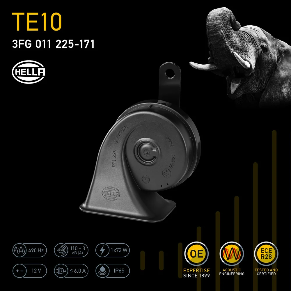 HELLA - 3FG 011 225-171 - Trumpet Horn, HELLA ESSENTIAL HORN TE10, 12V, 110dB(A), High Tone, Quantity