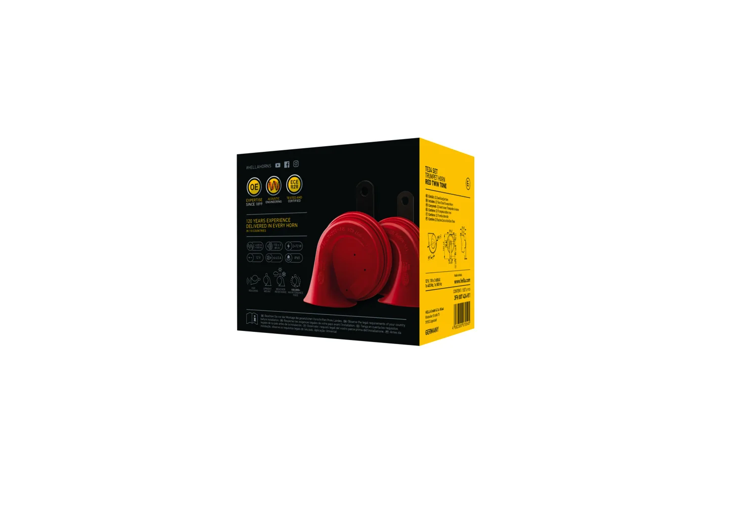 HELLA - 3FH 007 424-811 - Trumpet Horn, HELLA STYLE HORN TE24 SET, 12V, 110dB(A), Low Tone/High Tone -