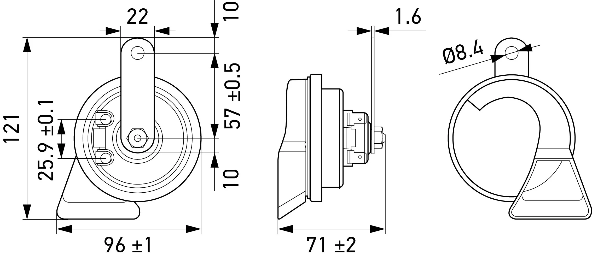 HELLA - 3FH 007 728-831 - Trumpet Horn, HELLA ESSENTIAL HORN TE22 SET, 12V, 110dB(A), High Tone/Low To
