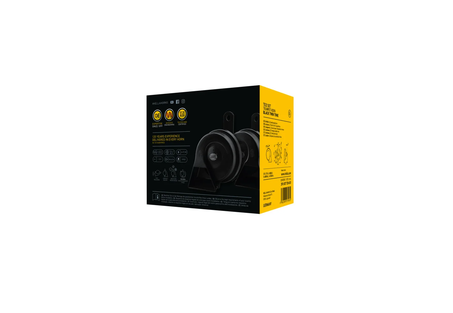 HELLA - 3FH 007 728-831 - Trumpet Horn, HELLA ESSENTIAL HORN TE22 SET, 12V, 110dB(A), High Tone/Low To