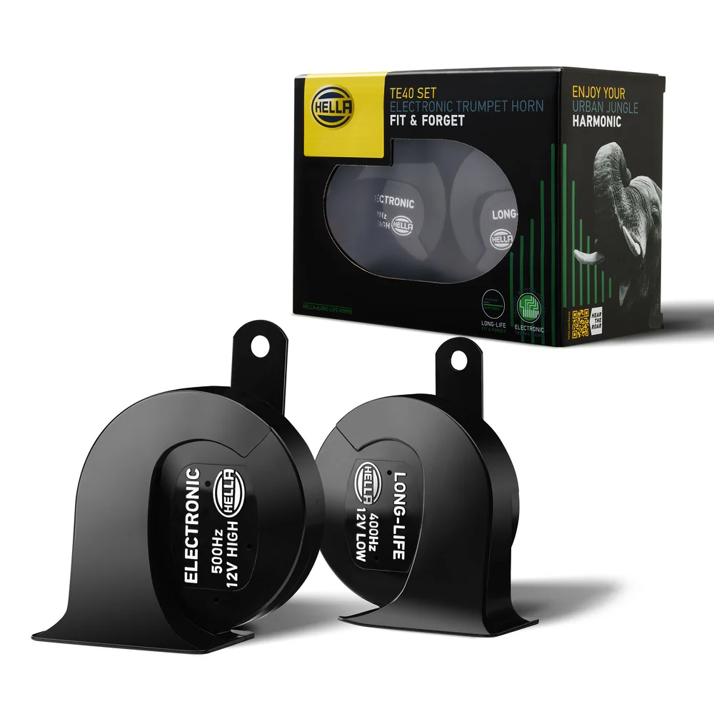 HELLA - 3FH 007 728-981 - Trumpet Horn, HELLA eLONG-LIFE HORN TE40 SET, 12V, 112dB(A), High Tone/Low T