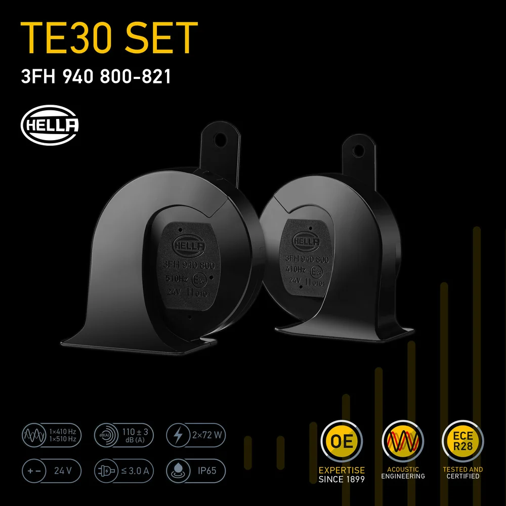 HELLA - 3FH 940 800-821 - Trumpet Horn, HELLA HEAVY DUTY HORN TE30 SET, 24V, 110dB(A), High Tone/Low T