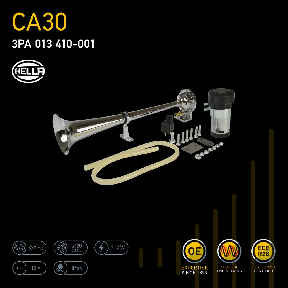 HELLA - 3PA 013 410-001 - Trumpet Horn CA40, 12V, 115dB(A), High Tone, Quantity: 1