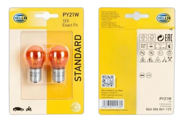 HELLA - 8GA 006 841-123 - Halogen-Bulb, PY21W, Standard, 12V, 21W, Quantity: 2