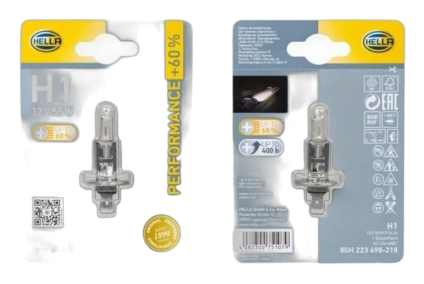 HELLA - 8GH 223 498-211 - Halogen-Bulb, H1, Performance, 12V, 55W, Quantity: 1