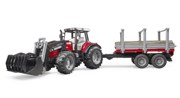 Bruder - U02046 - Massey Ferguson 7480 With Front Loader And Wood Trailer