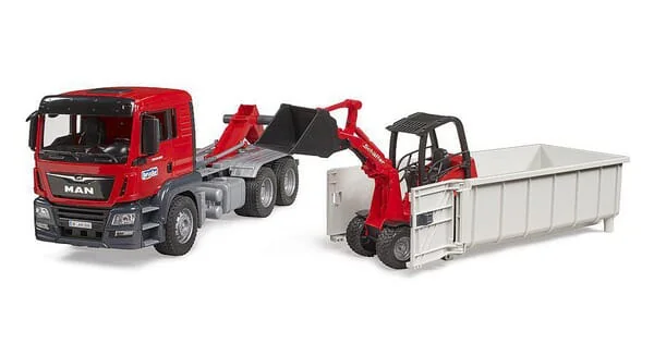 Bruder - U03767 - MAN TGS Truck with Roll-Off-Container and Schaeffer Compact Loader 2630