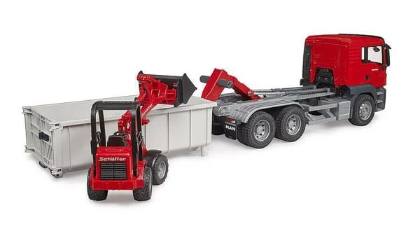Bruder - U03767 - MAN TGS Truck with Roll-Off-Container and Schaeffer Compact Loader 2630