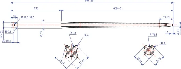 Forges du Saut du Tarn - FT4064 - Laderzinken Gerade Sternprofil 32x860mm Kegelspitze Mit Roller M35 Durchmesser 11.5 Rot