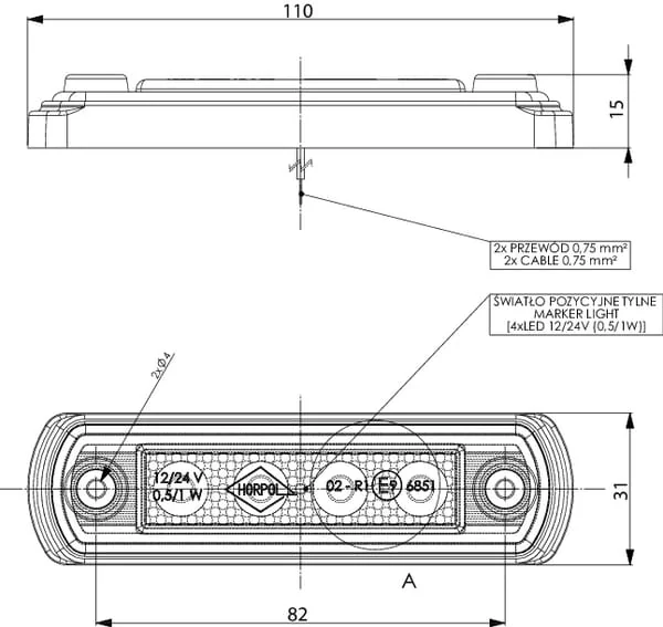 Gopart - LA35058 - Marker Light LED, 0.5/1W, Rectangular, 12/24V, Red, 82x31x15mm, 4 LED's