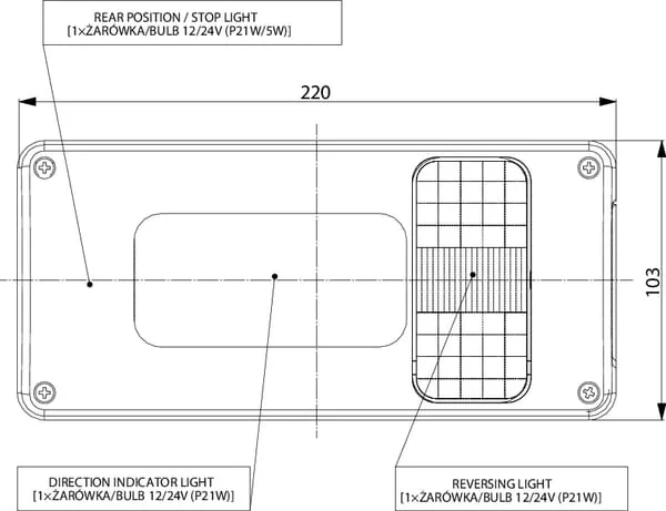 Gopart - LA45015 - Rear Light LH 5/21W, Rectangular, 12/24V, White/Orange/Red, 218x54.5x100mm