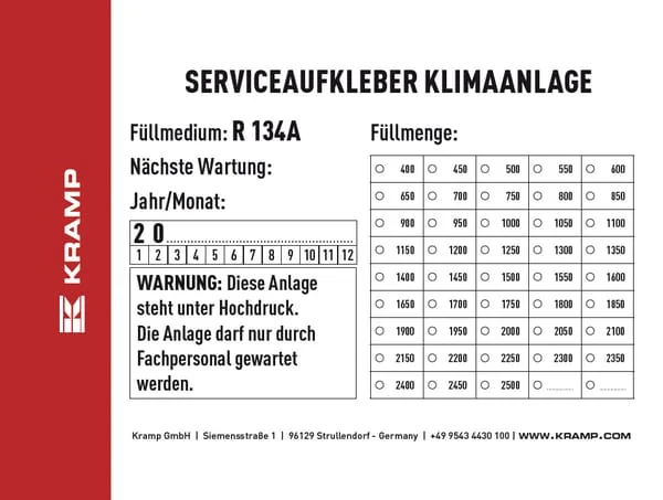 Kramp - KL070900 - Decal Information Sign Air Conditioning Inspection - German 96x66mm