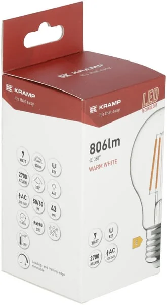 Kramp - KRFBA607E27D - LED Filament Bulb - Classic A60 E27 7W Dimmable