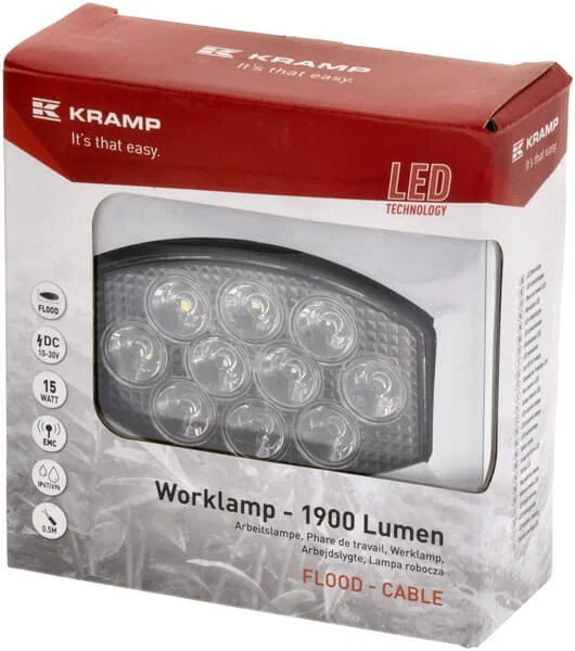 Kramp - LA10020 - Work Light LED, 15W, 1900LM, Oval, 10/30V, 120x38x80mm, Flood, 10 LED's, Kramp