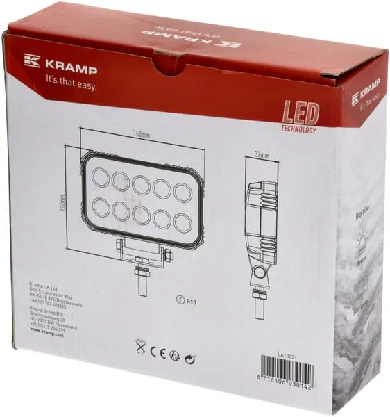 Kramp - LA10021 - LED Work Light, 15W, 1900LM, Rectangular, 10/30V, 150x37x100mm, Flood, 10 LED's, Kramp