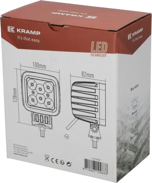 Kramp - LA10028 - LED Work Light, 42W, 3780LM, Square, 10/30V, 100x82x100mm, Flood, 6 LED's, Kramp