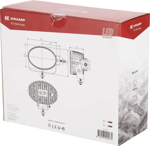 Kramp - LA10525 - Work Light LED, 60W, 6000LM, Oval, 12-60V, 154x105x70mm, Flood