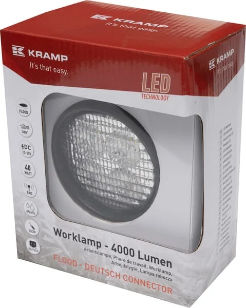 Kramp - LA10550 - Work Light LED, 40W, 4000LM, Round, White, 10/30V, 84x126x71.8MM, Deutsch Plug, 4 LEDs, 360 Degrees, Kramp