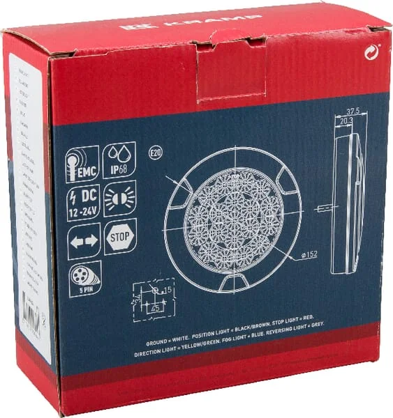 Kramp - LA40004 - Multifunction Rear Light LED, Round, 12-24V, Diameter 152mm, 5-Pin