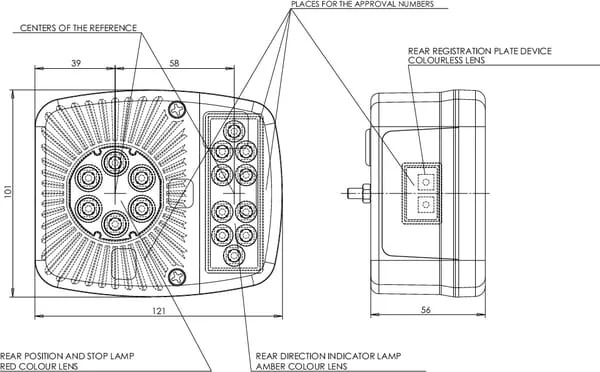 Kramp - LA40022 - Multifunction Rear Light LED, Square, 12-24V, 121x101x56mm, 5-Pin