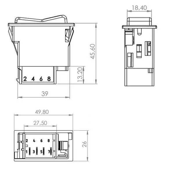 Kramp - SW10032KR - Rocker Switch, II+I-0, Off-On-On, 6-Pin, Locating Lighting, With Bulb