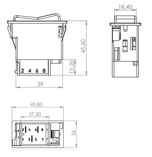 Kramp - SW10033KR - Rocker Switch, II+I-0, Off-On-On, 12/24V, 5-Pin, Function Lighting, With Bulb