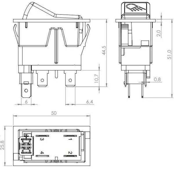 Kramp - SW10035KR - Rocker Switch, I-0, On-On, 12V, 4-Pin, Work Light Right