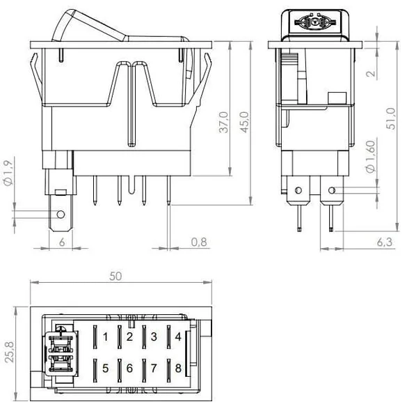 Kramp - SW10043KR - Rocker Switch, I-0-(II), On-On-Mom, 12V, 8-Pin, Differential Lock