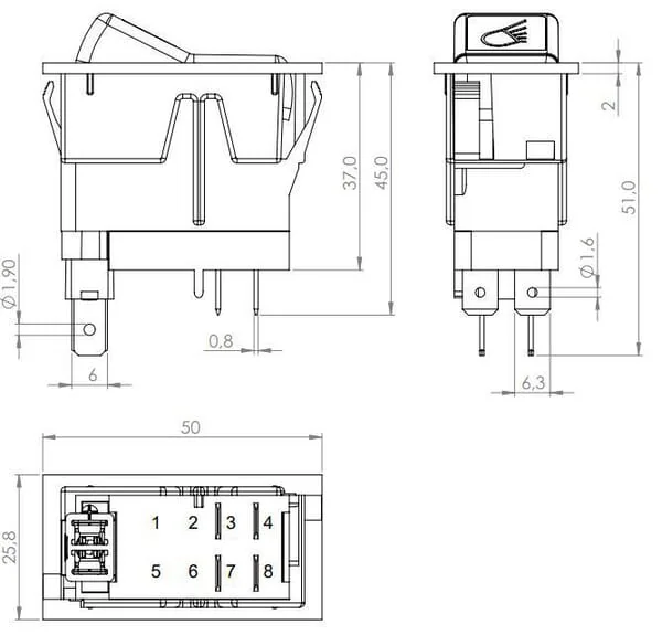 Kramp - SW10049KR - Rocker Switch, I-0, Off-On, 12V, 4-Pin, Work Light Right