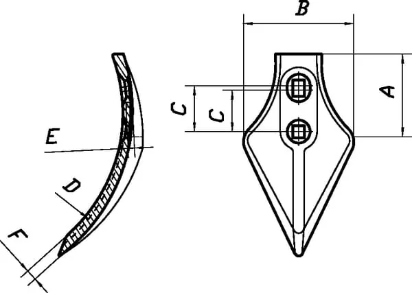 Non Branded - CP001000 - Cultivator Point 235x120x9mm, Hardened, Curved, 2 Hole, Suitable For Peecon