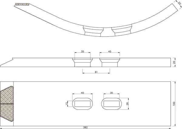Non Branded - CP704CN - Cultivator Point 382x100x20mm, Hardened, Curved, 2 Holes