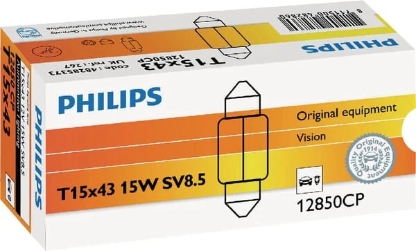 Philips - GL12850 - Festoon Bulb Conventional Tube C15W 12V 15W SV8.5 White Philips