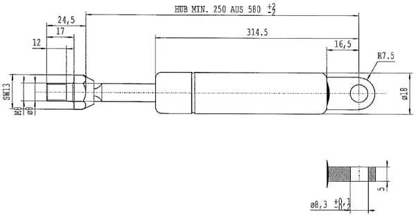 Stabilus - CA052736 - Gas Strut L580mm 150n Stabilus