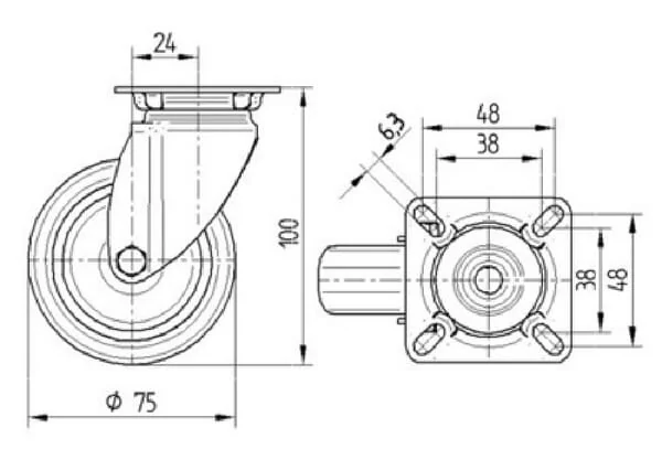 Tente - 2470PJP075P40 - Swivel Wheel Rubber O75x25mm Flange Plate 60x60mm