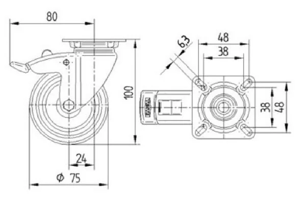 Tente - 2477PJP075P40 - Swivel Wheel Rubber O75x25mm Total Stop Flange Plate 60x60mm