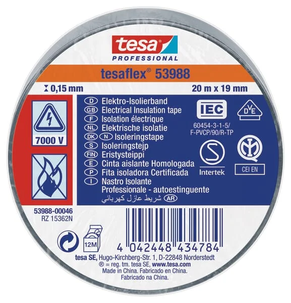 TESA - T539880004600 - Insulation Tape, Grey, 20m x 19mm TESA Flex®