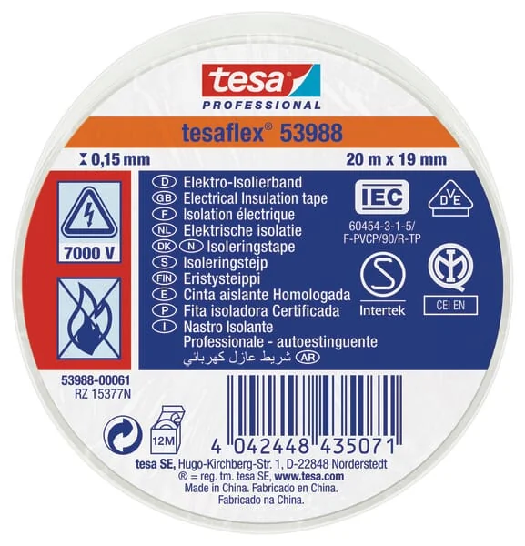 TESA - T539880006100 - Insulation Tape, White, 20m x 19mm TESA Flex®