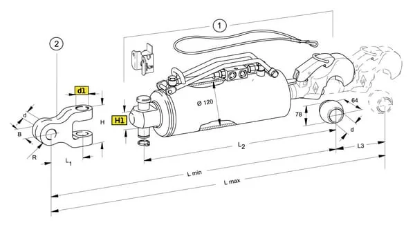 Walterscheid - 205131 - Hydraulic Top Link, Hook With Ball Cat. 4HD, Diameter 120 mm