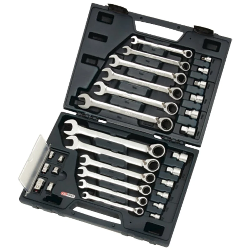 KS Tools - 5034960 - GEARplus® RINGSTOP Combination Ratchet Spanner Set, Reversible, 30 Pcs., 8-19 Mm, With Adaptors
