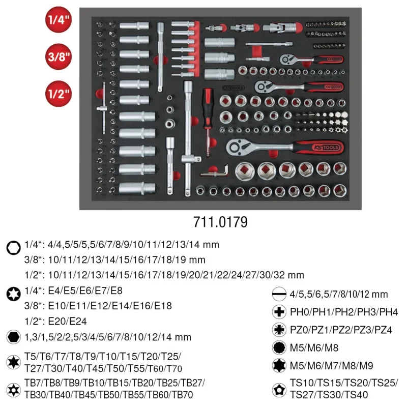 KS Tools - 7110179 - 1/4+3/8+1/2 Inch Socket Wrench Set, 179-Piece