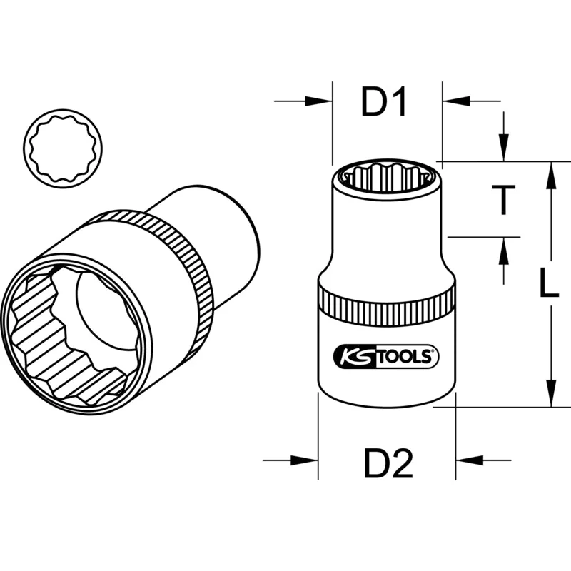 KS Tools - 9110803 - 1 Inch Bi Hex Socket, Short, 3 Inch