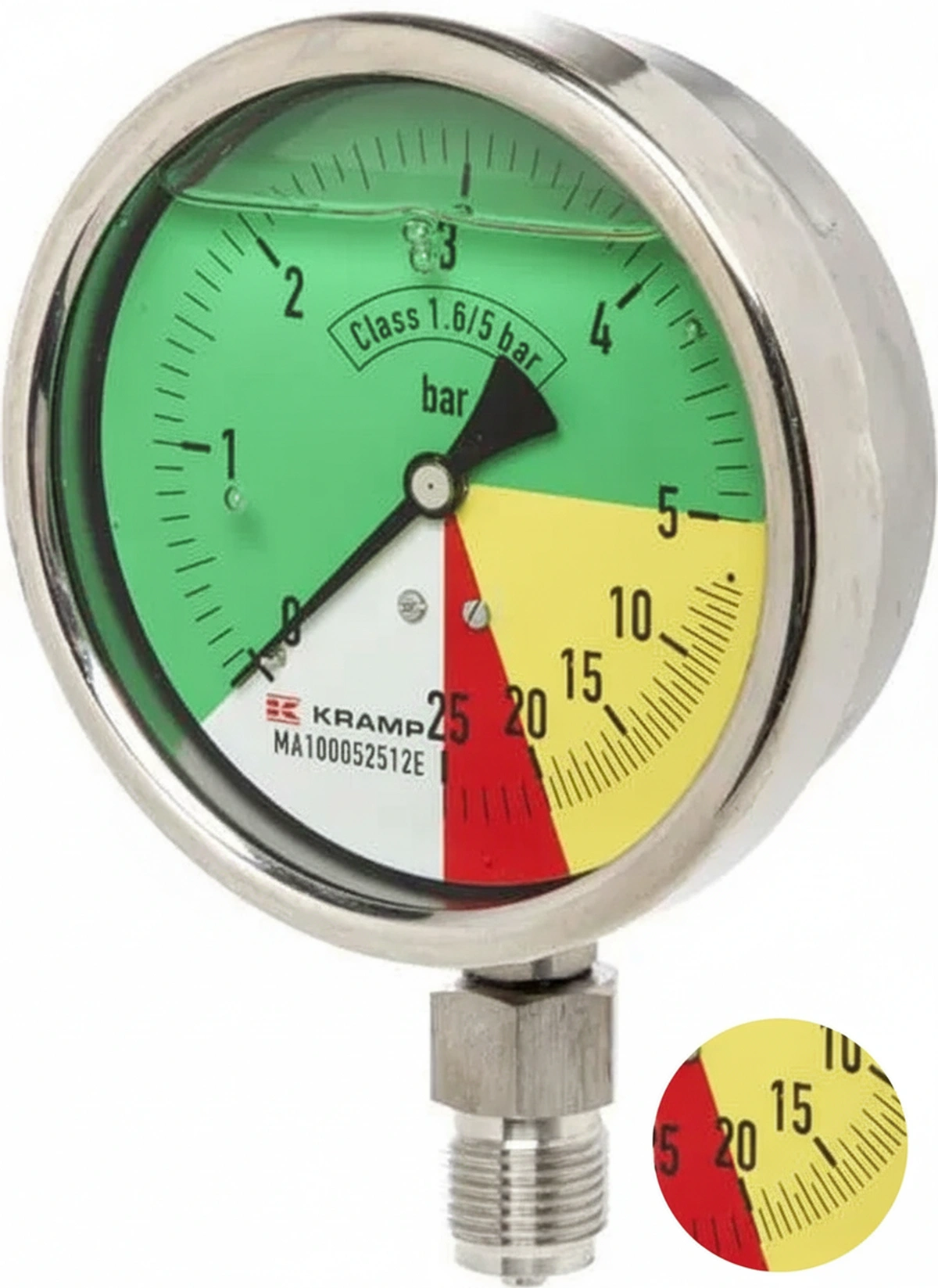 Kramp-ma100052512e - Pressure gauge Ø100mm 0-5-20-25 1/2" BSP bottom connection