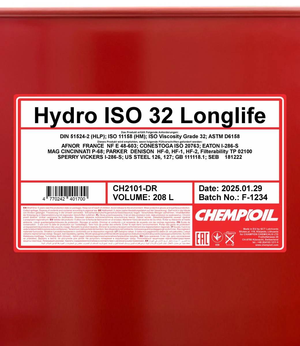 CHEMPIOIL - CH2101DR - Hydro ISO 32 LONGLIFE 208L