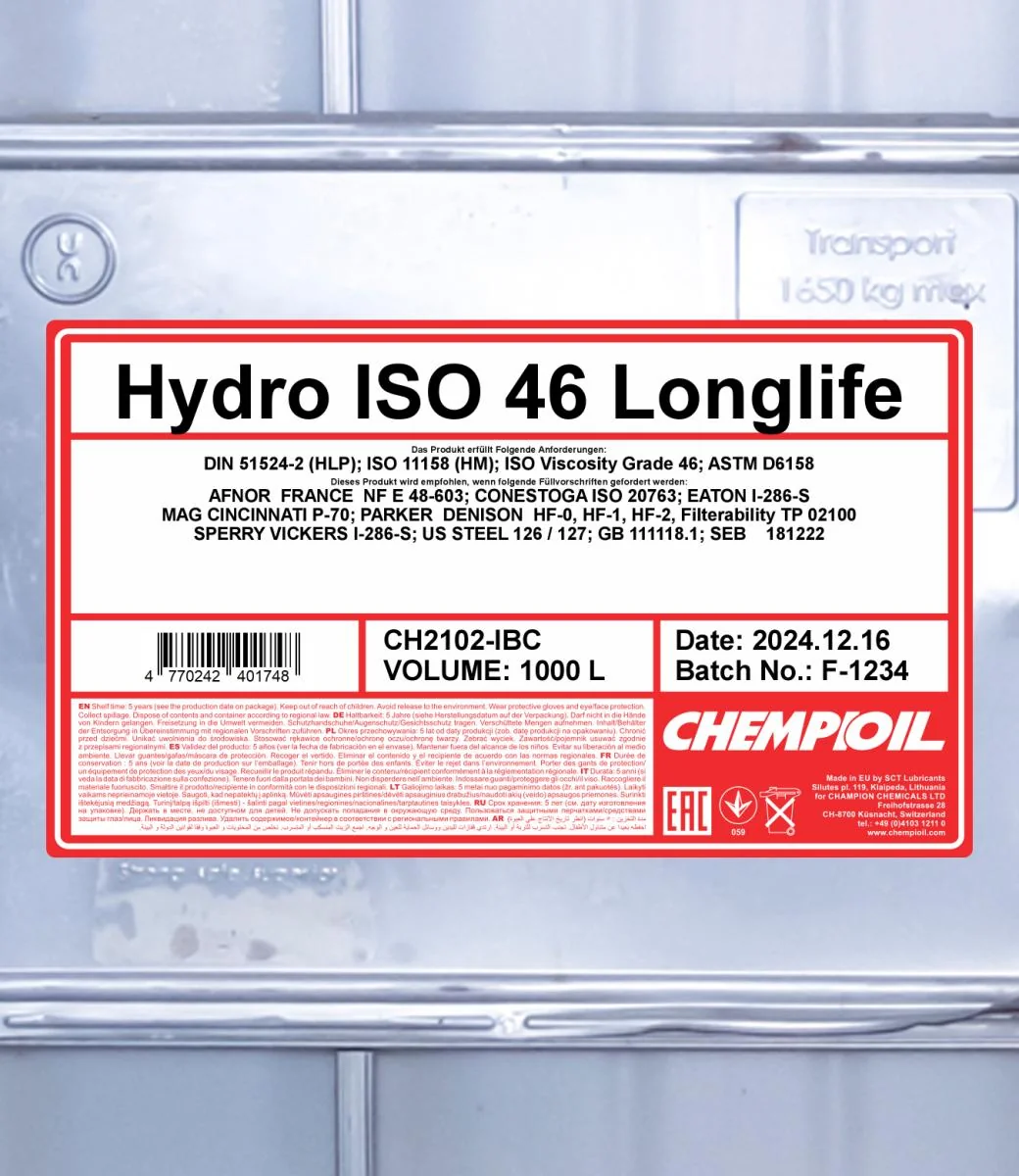 CHEMPIOIL - CH2102IBC - Hydro ISO 46 LONGLIFE 1000L