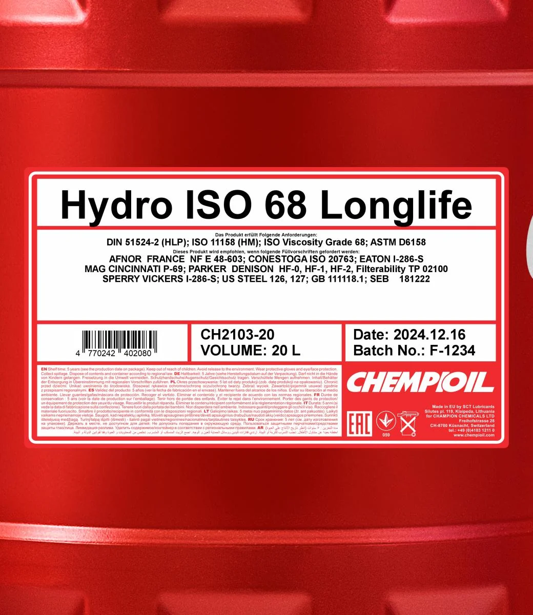 CHEMPIOIL - CH210320 - Hydro ISO 68 LONGLIFE 20L