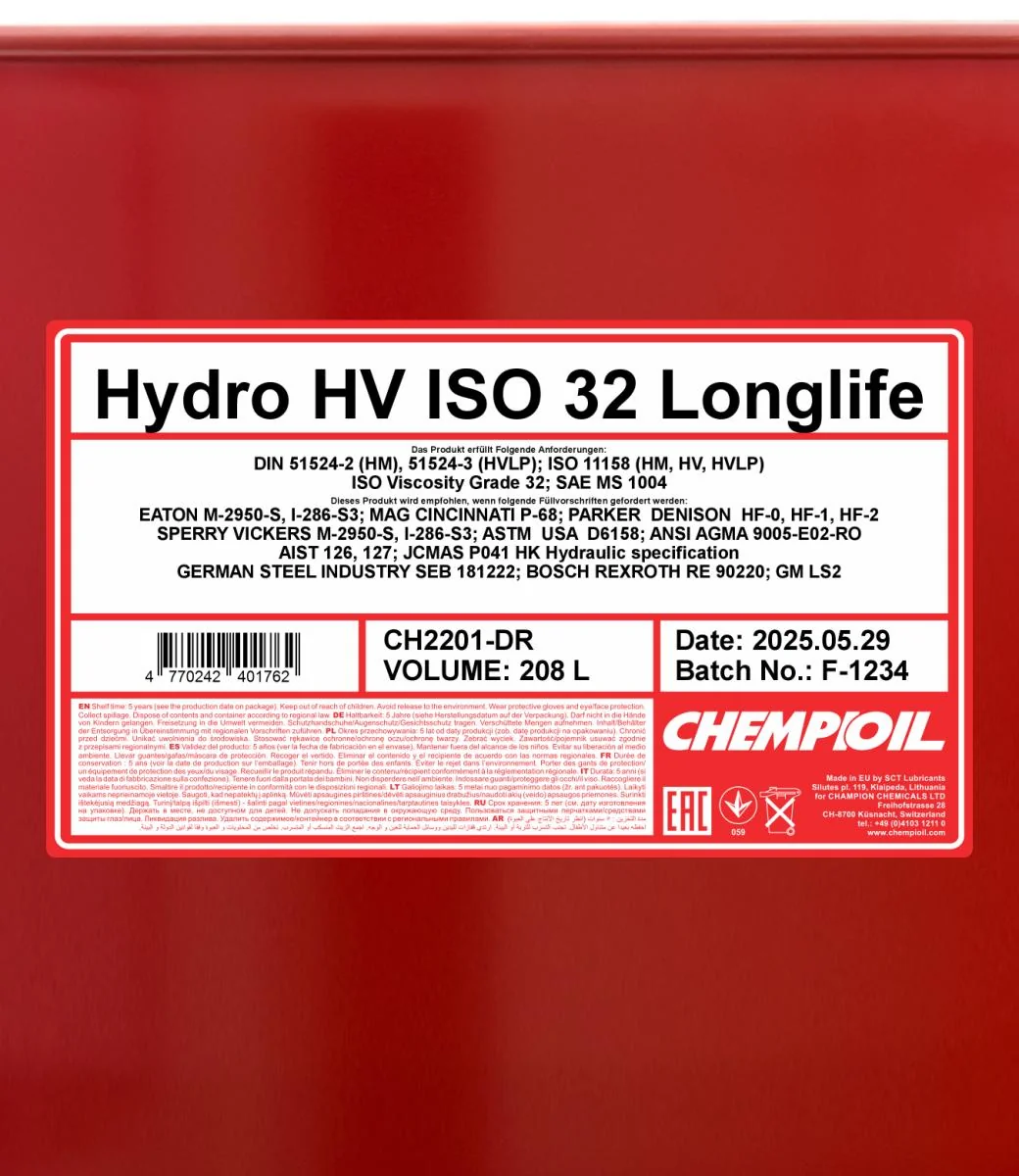 CHEMPIOIL - CH2201DR - Hydro HV ISO 32 LONGLIFE 208L