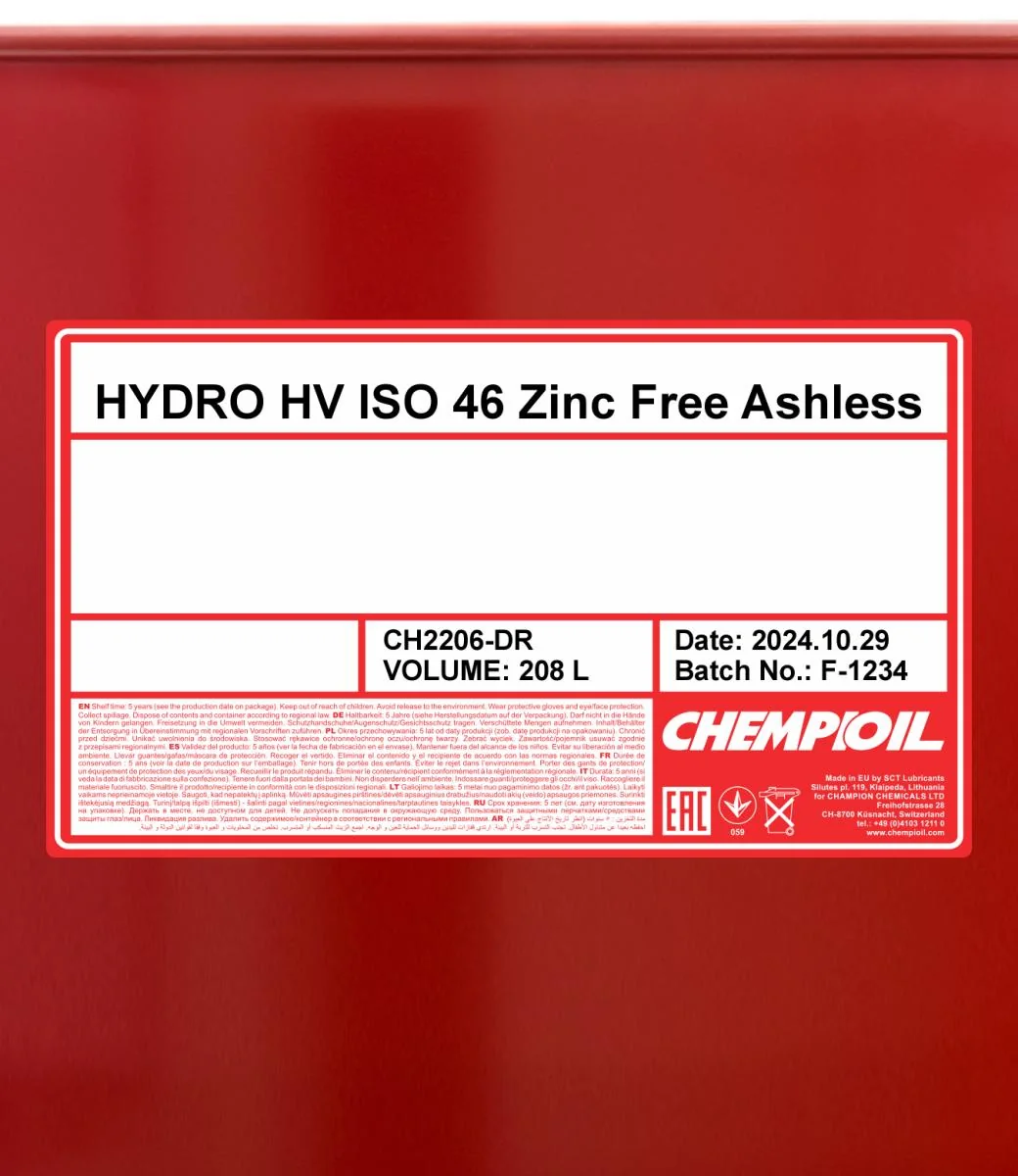 CHEMPIOIL - CH2206DR - Hydro HV ISO 46 Zinc Free 208L