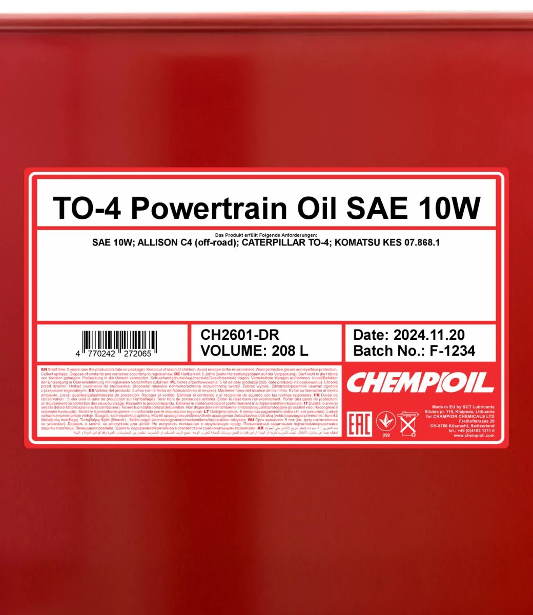 CHEMPIOIL - CH2601DR - TO-4 Powertrain Oil SAE 10W 208L